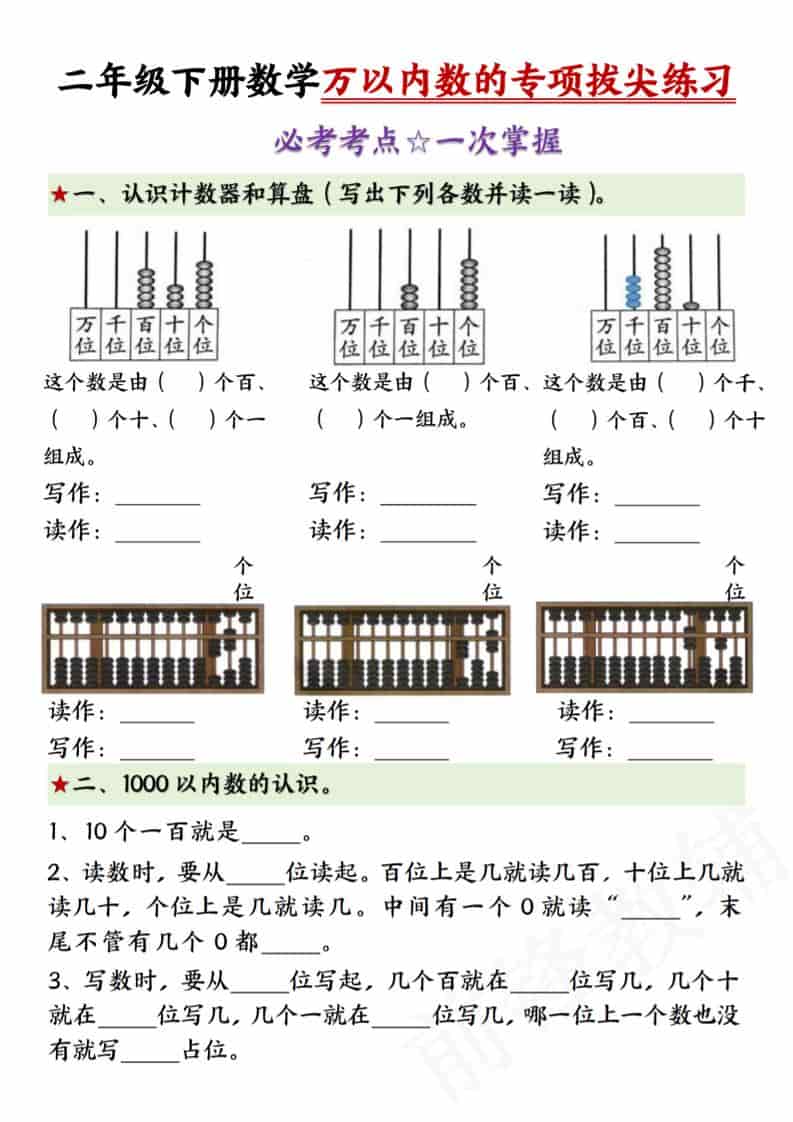 二年级下数学万以内数的专项拔尖练习-自学网资源