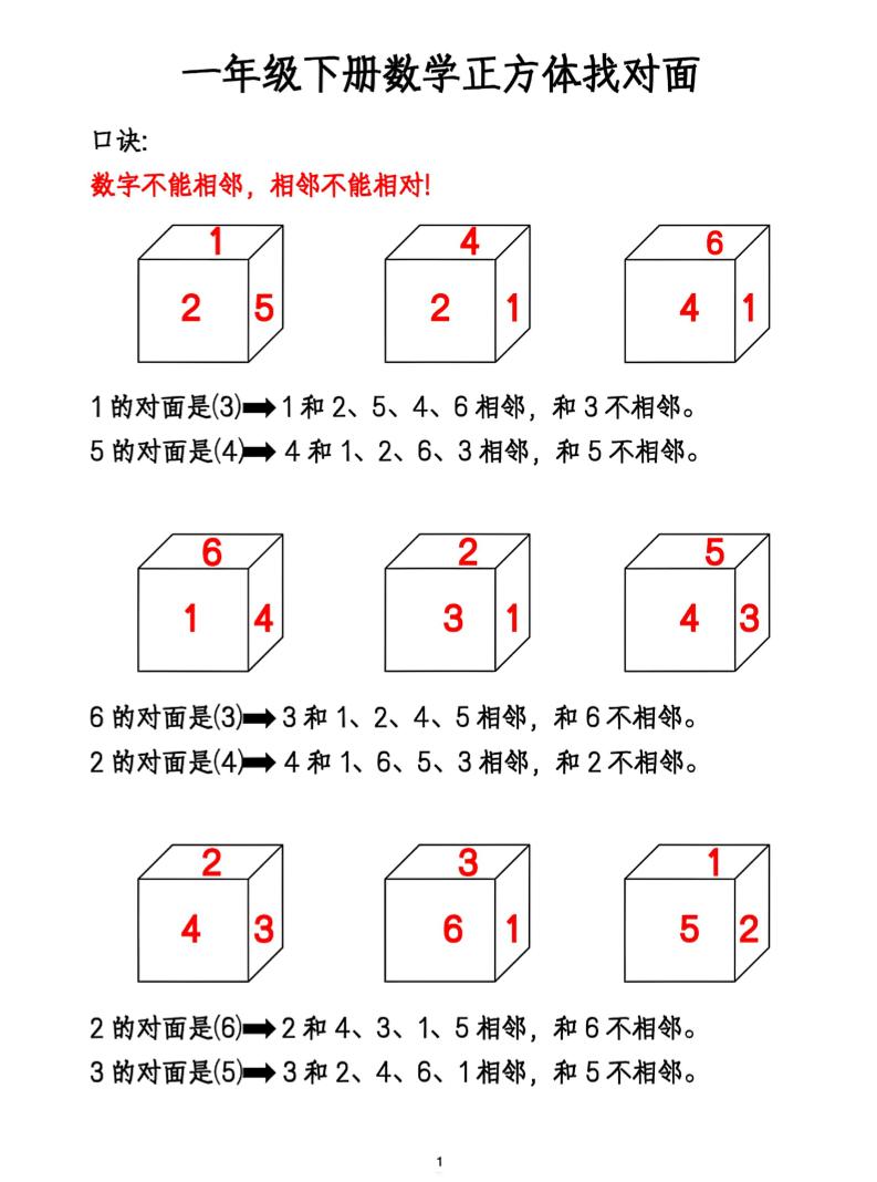 一年级下册数学正方体找对面-自学网资源