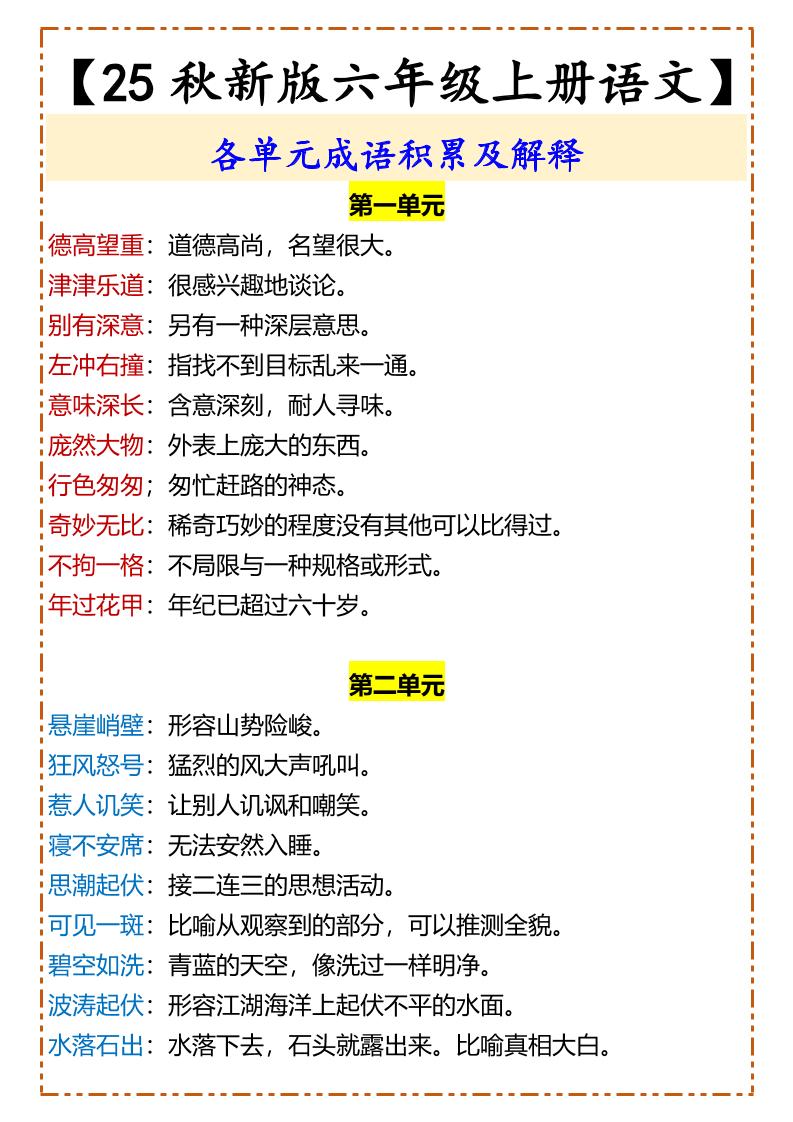 【2025秋新版】【六年级上册语文】各单元成语积累及解释-自学网资源