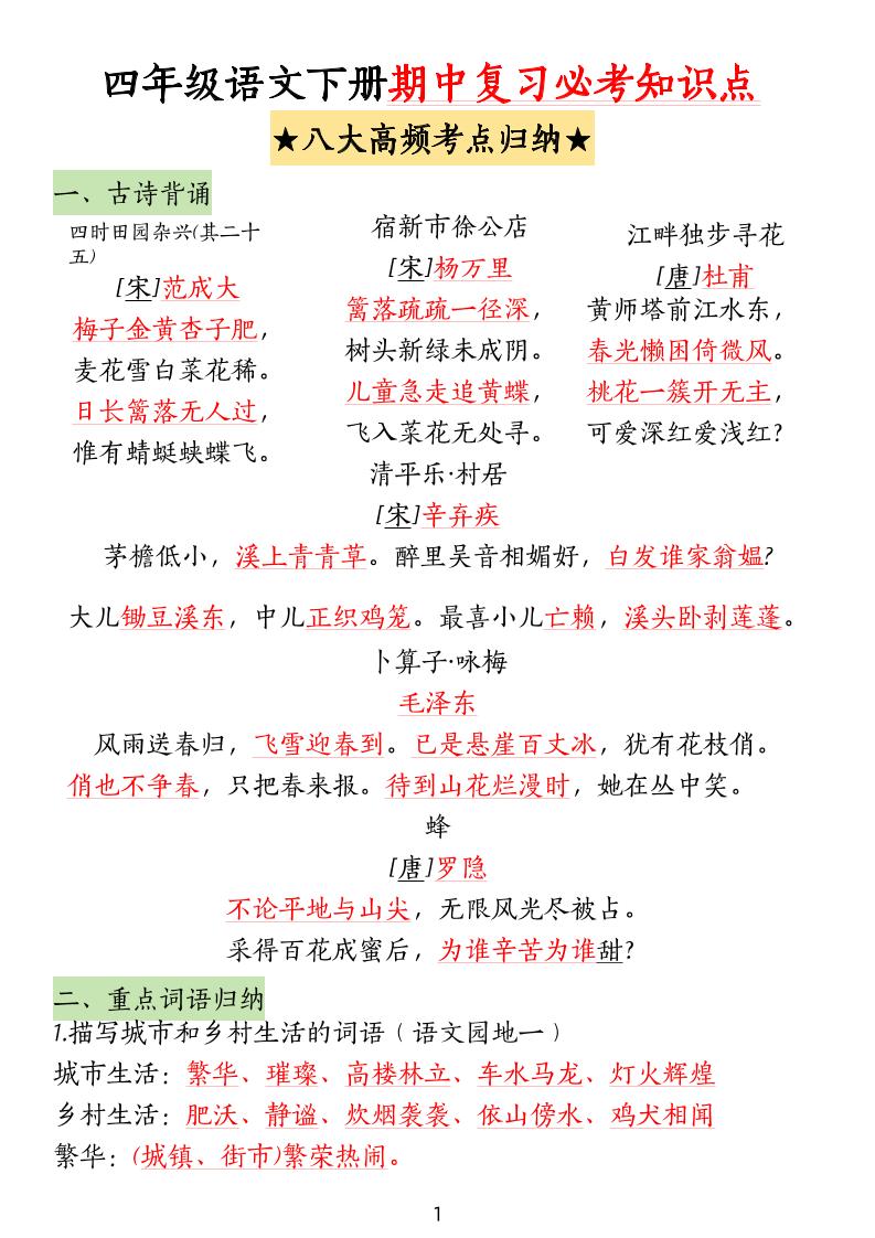 四下语文期中复习-八大高频考点归纳(4)-自学网资源