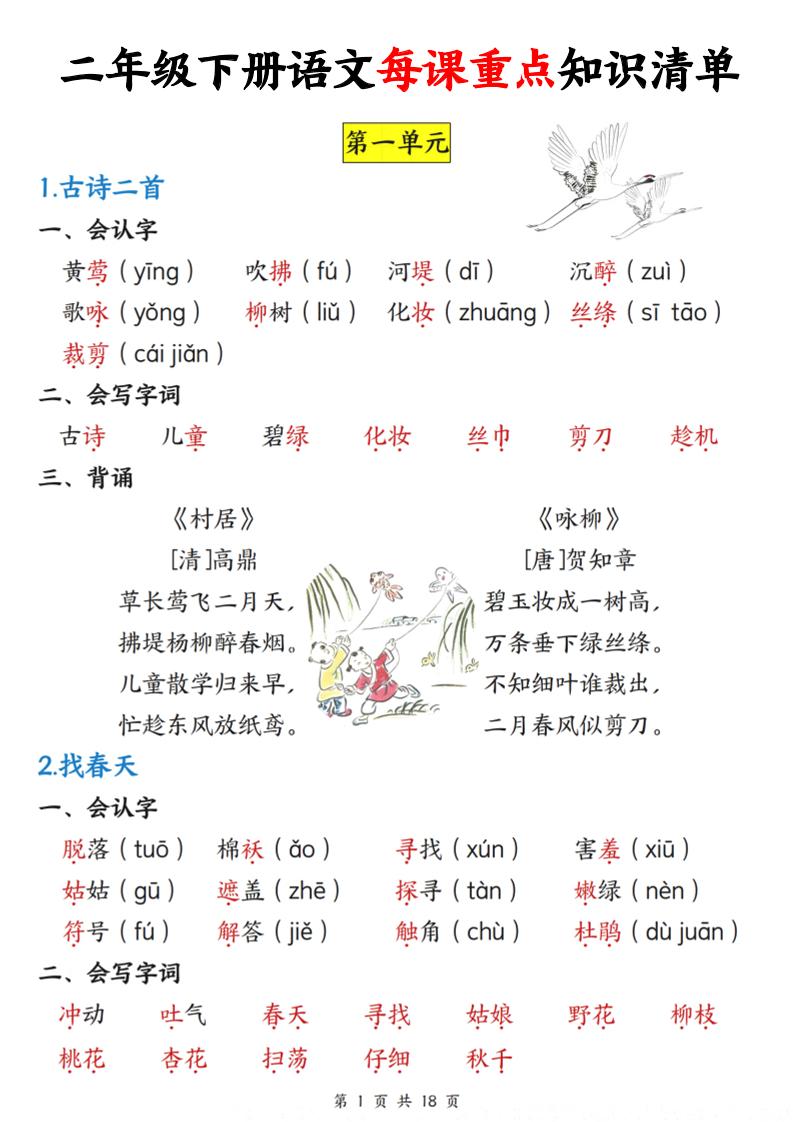 二下语文每课重点知识清单（18页）(4)-自学网资源