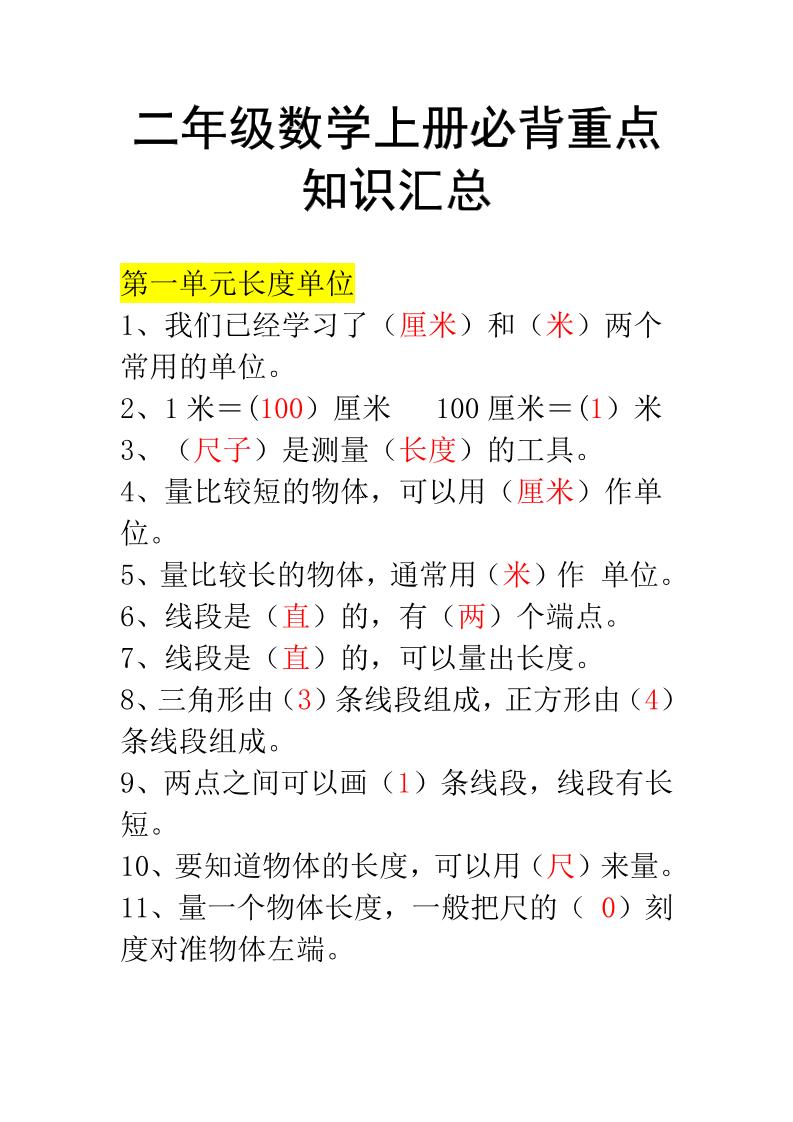 二年级上册数学必背知识汇总-自学网资源