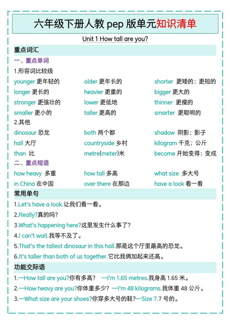 六下英语人教pep版单元知识清单-自学网资源