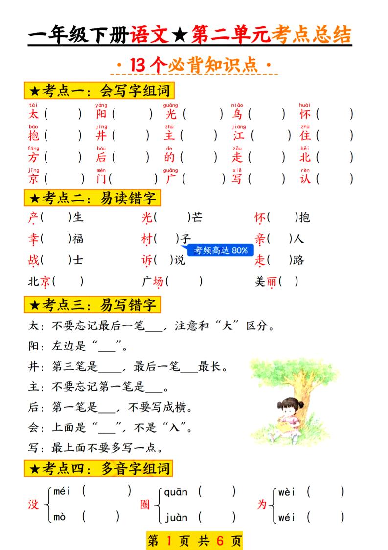 2025新版一年级语文下册第二单元考点总结13个必背-自学网资源