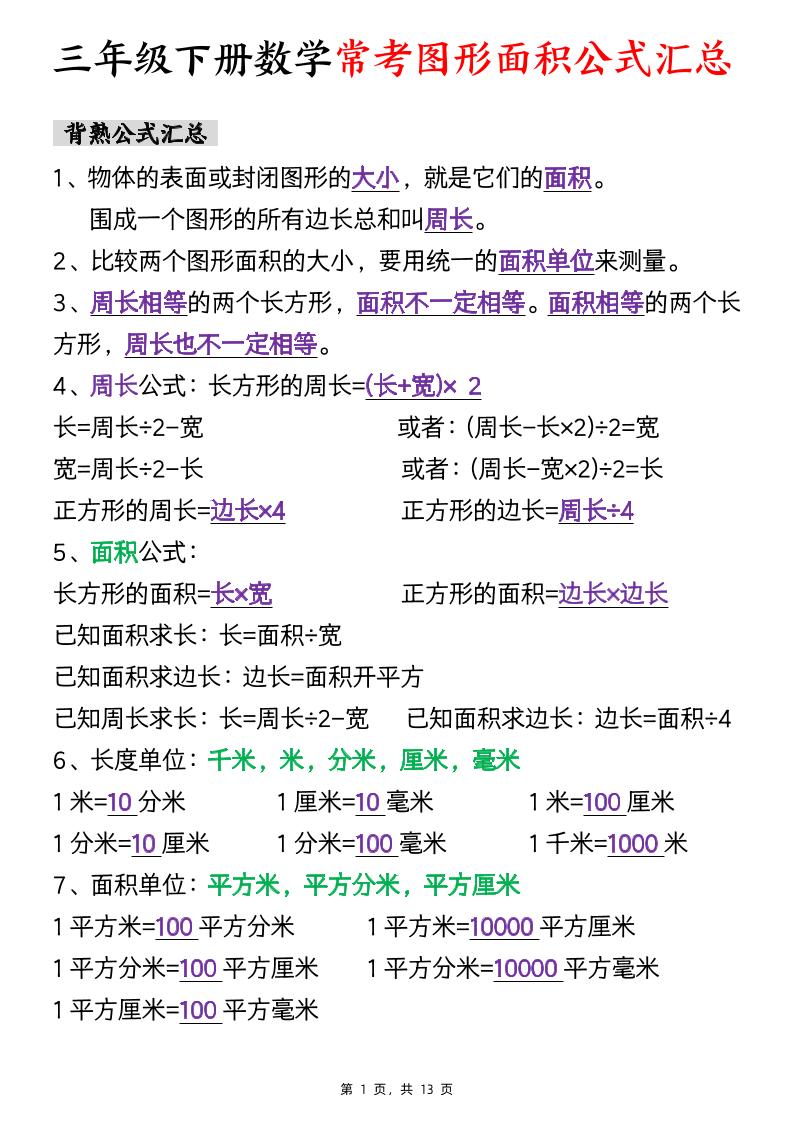 三年级下数学面积公式汇总+面积十大考点专项练习-自学网资源