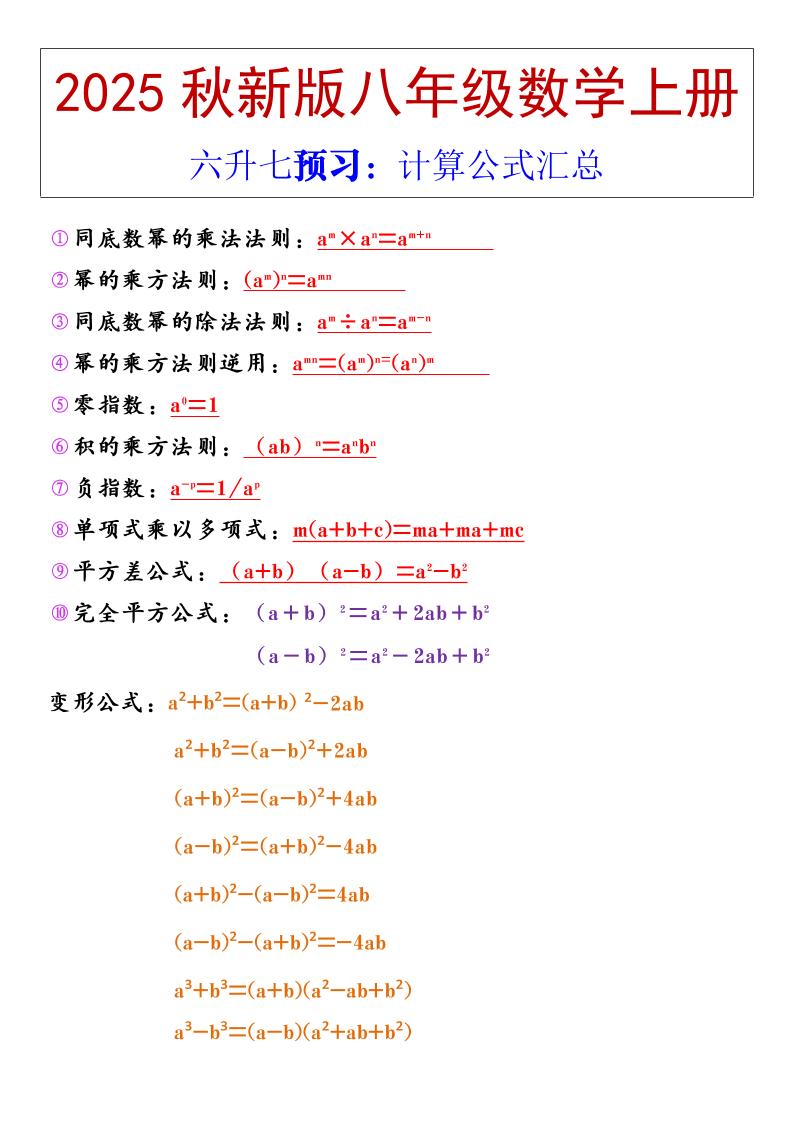 【2025秋新版】八年级上册数学计算公式汇总-自学网资源