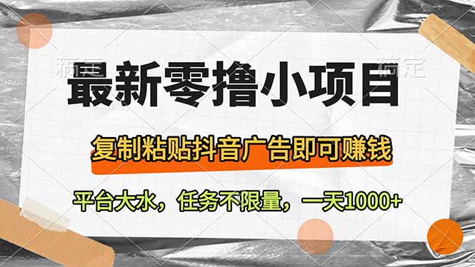 最新零撸小项目，复制粘贴抖音广告即可赚钱，平台大水，任务不限量，一…-AI网创