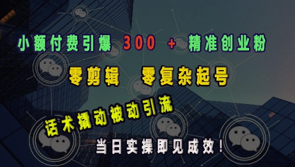 小额付费引爆 300 + 精准创业粉，零剪辑、零复杂起号，话术撬动被动引流，当日实操即见成效-AI网创