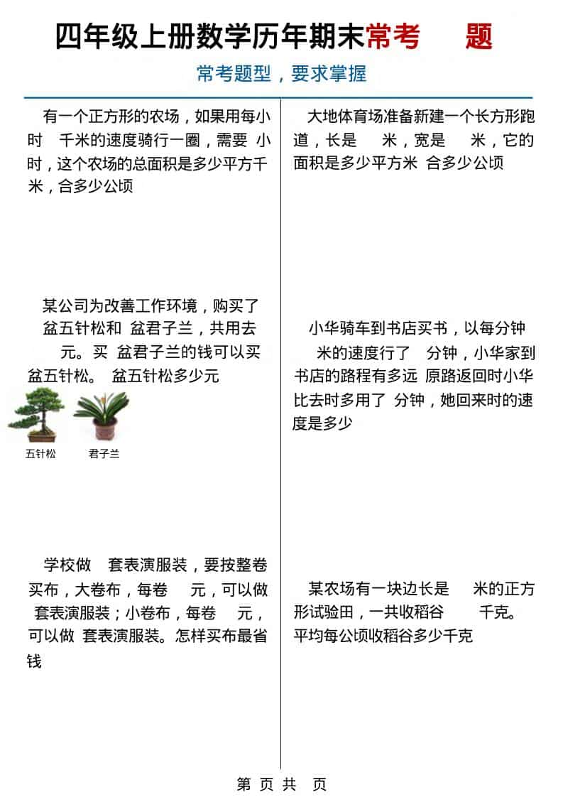 四年级上数学历年期末常考应用题40题-自学网资源