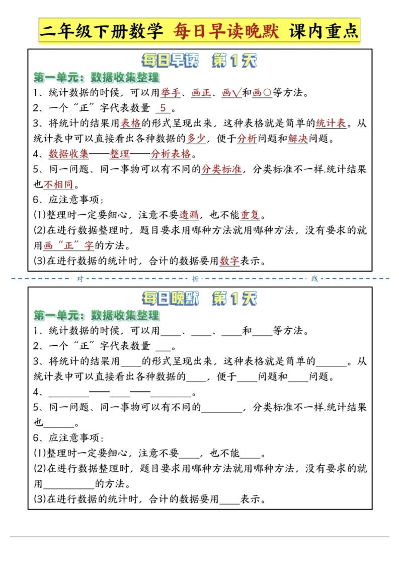 二年级下数学重点每日早读晚默（14页）-高清无水印完整版本-自学网资源