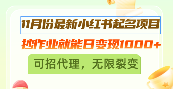 11月份最新小红书起名项目，抄作业就能日变现1000+，可招代理，无限裂变-AI网创
