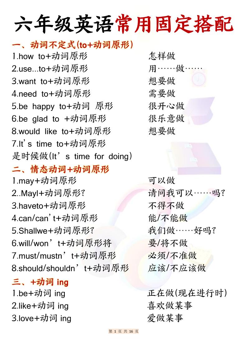 六年级上英语常用固定搭配-自学网资源