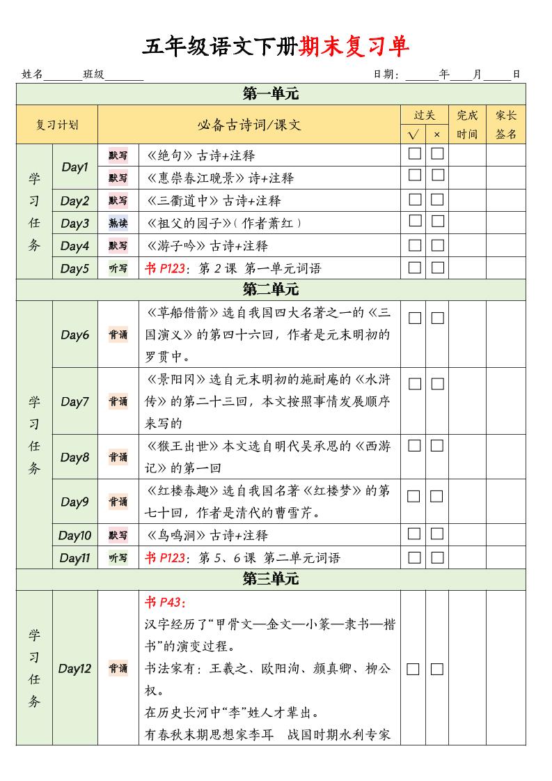 五下语文期末复习单-自学网资源