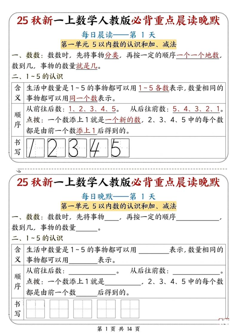 25秋新一上数学必背重点晨读晚默（人教版14页）-自学网资源