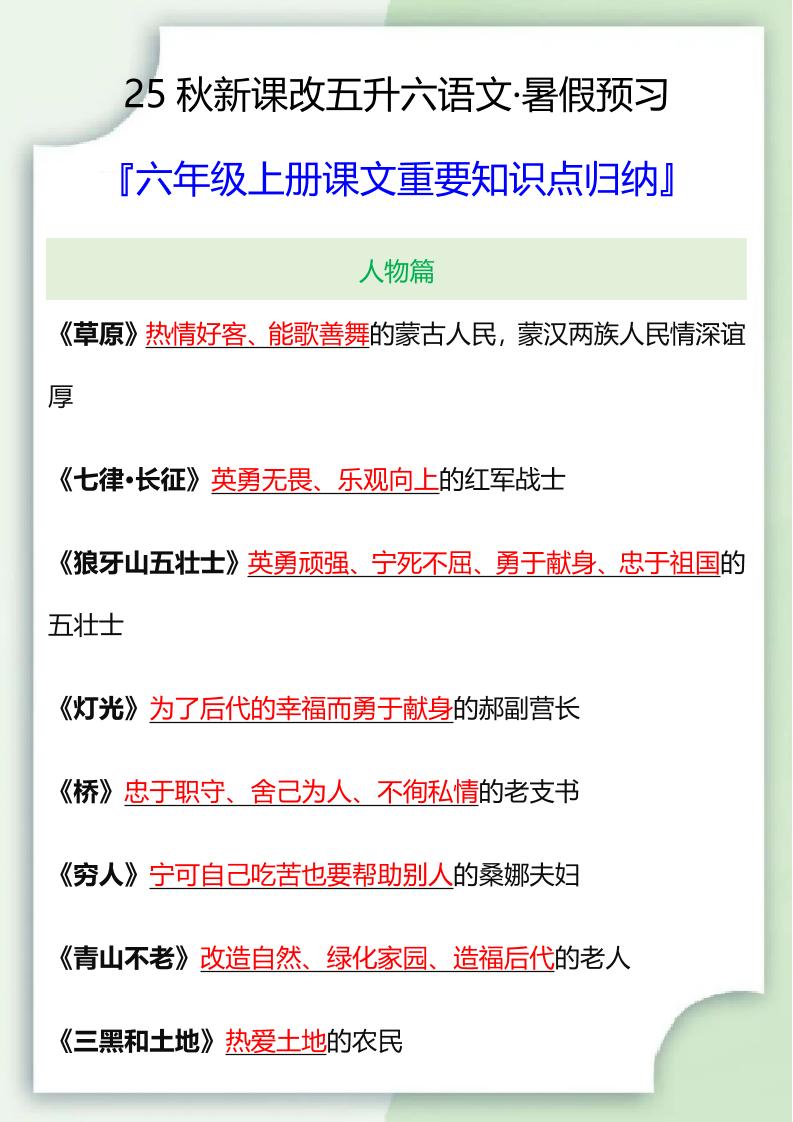 【2025秋新版】六年级语文上册课文重要知识点归纳-自学网资源