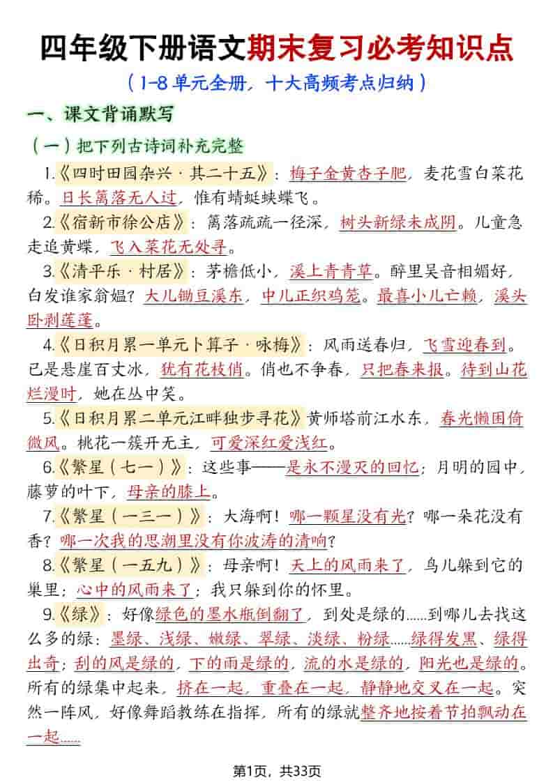 四年级下语文期末复习必考知识点（十大高频考点归纳）-自学网资源