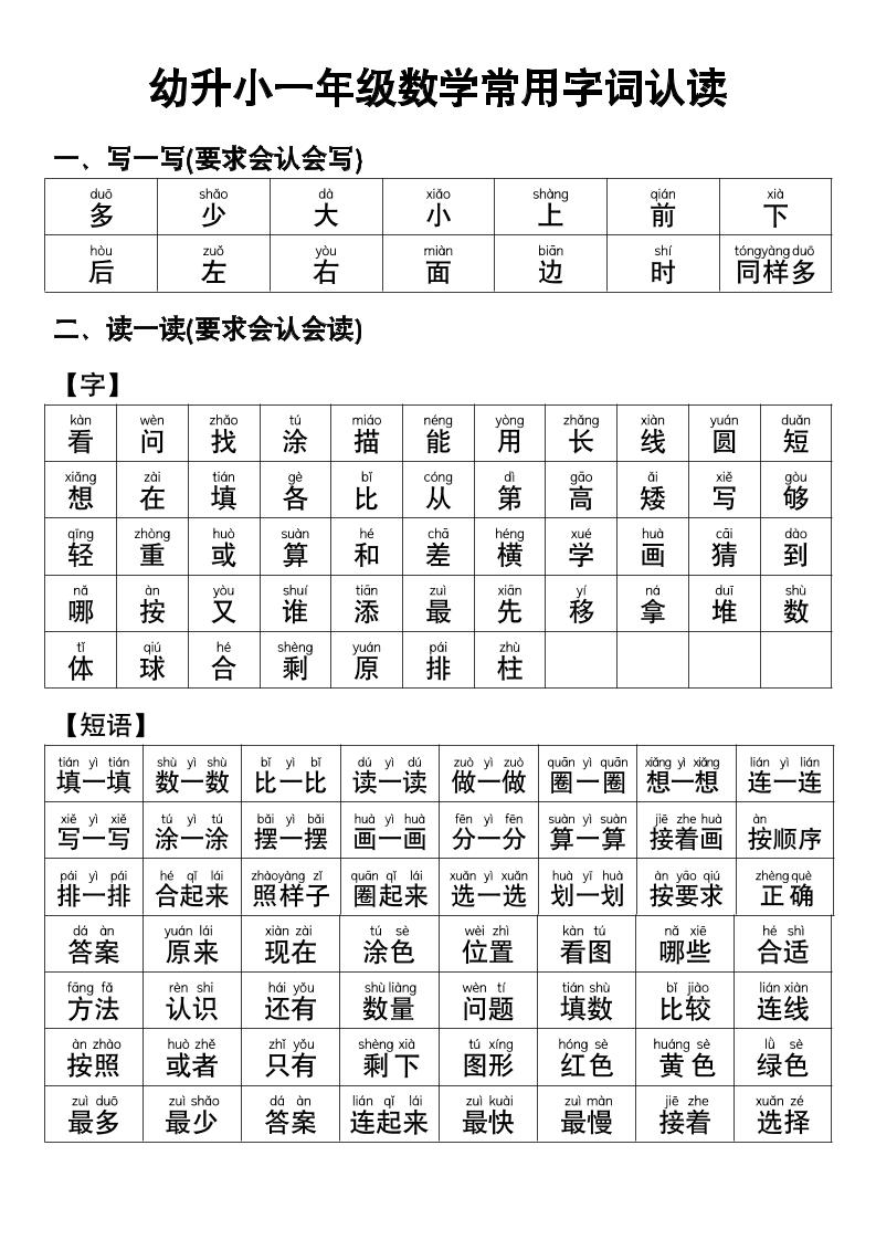 幼小衔接数学常用字词认读-自学网资源