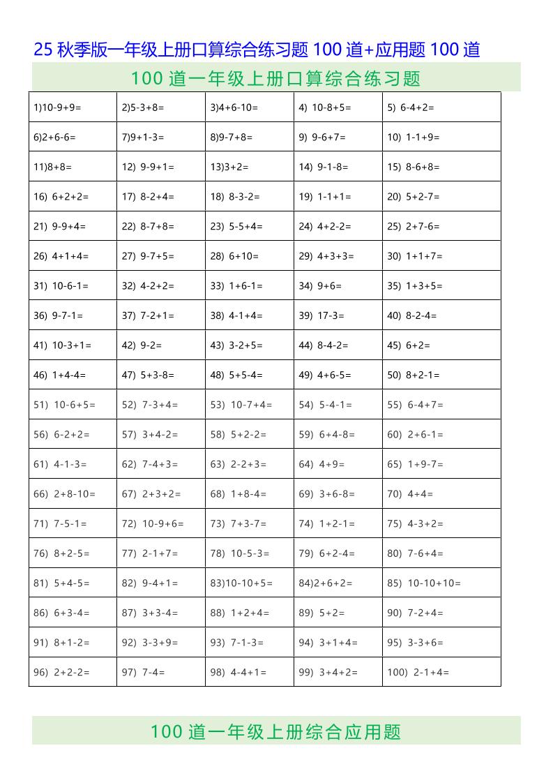 【2025秋新版】一年级上册口算综合练习题100道+应用题100道-一上数学-自学网资源