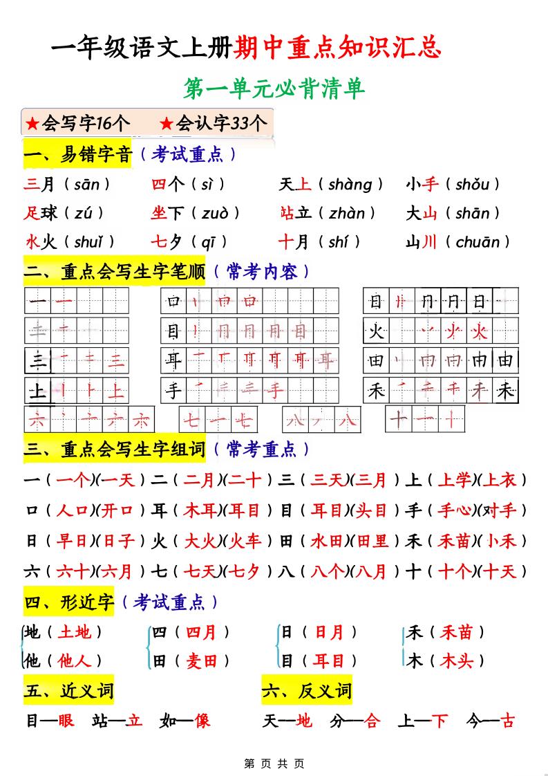 一年级上语文期中重点知识汇总-自学网资源