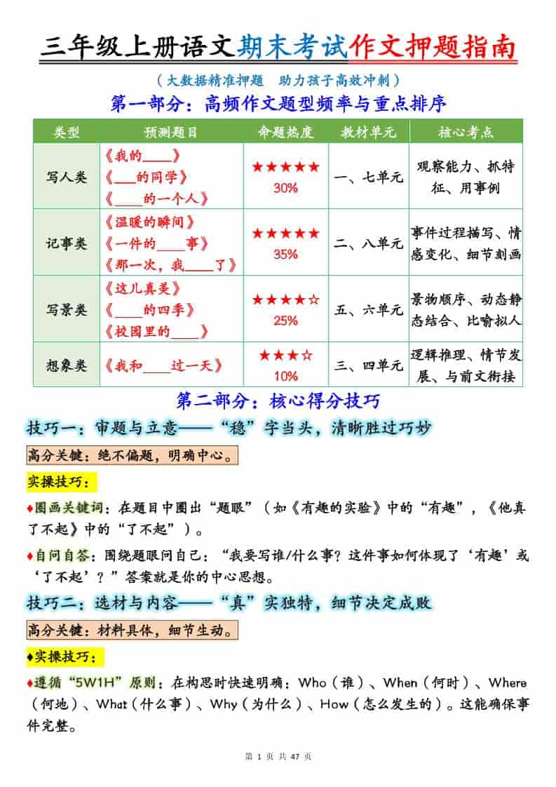25秋三上语文期末考试作文押题写作指南+范文47页-自学网资源