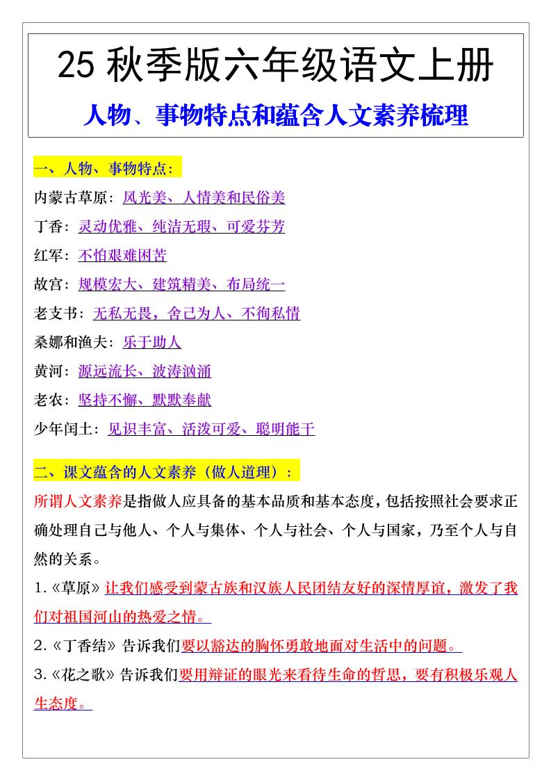 【2025秋新版】六年级语文上册人物、事物特点和蕴含人文素养梳理-自学网资源