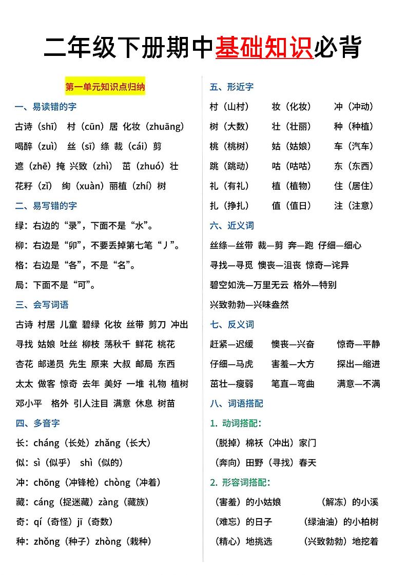 二年级语文下册期中基础知识必背5页-自学网资源