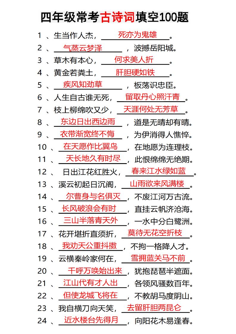 四年级下语文常考古诗词填空100题有答案-自学网资源