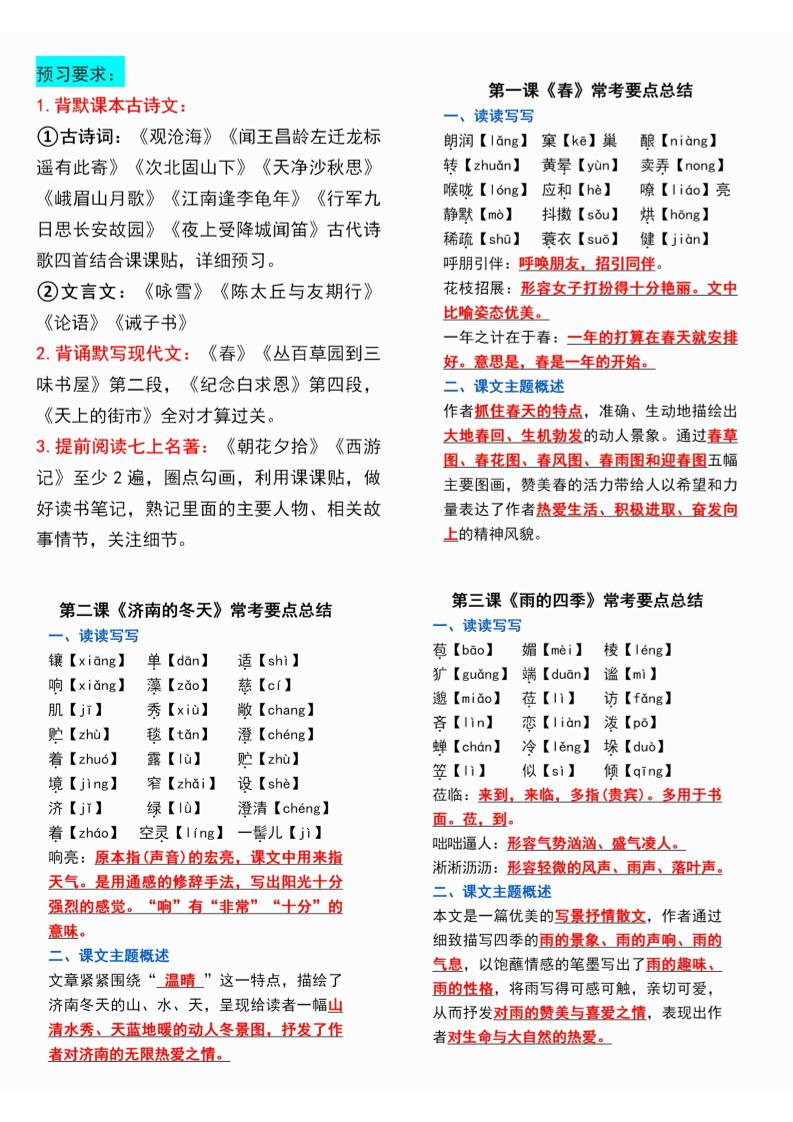 七年级上语文课课贴-自学网资源